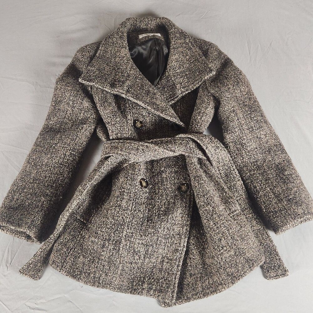 Calvin Klein Wool Blend Peacoat Jacket Womens Size 10 Brown Belted - Picture 1 of 11
